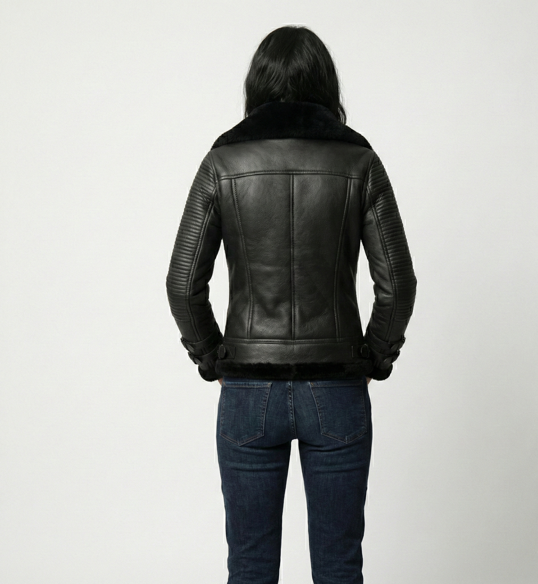 Women’s Black Shearling Biker Jacket with Zip Front & Ribbed Sleeves