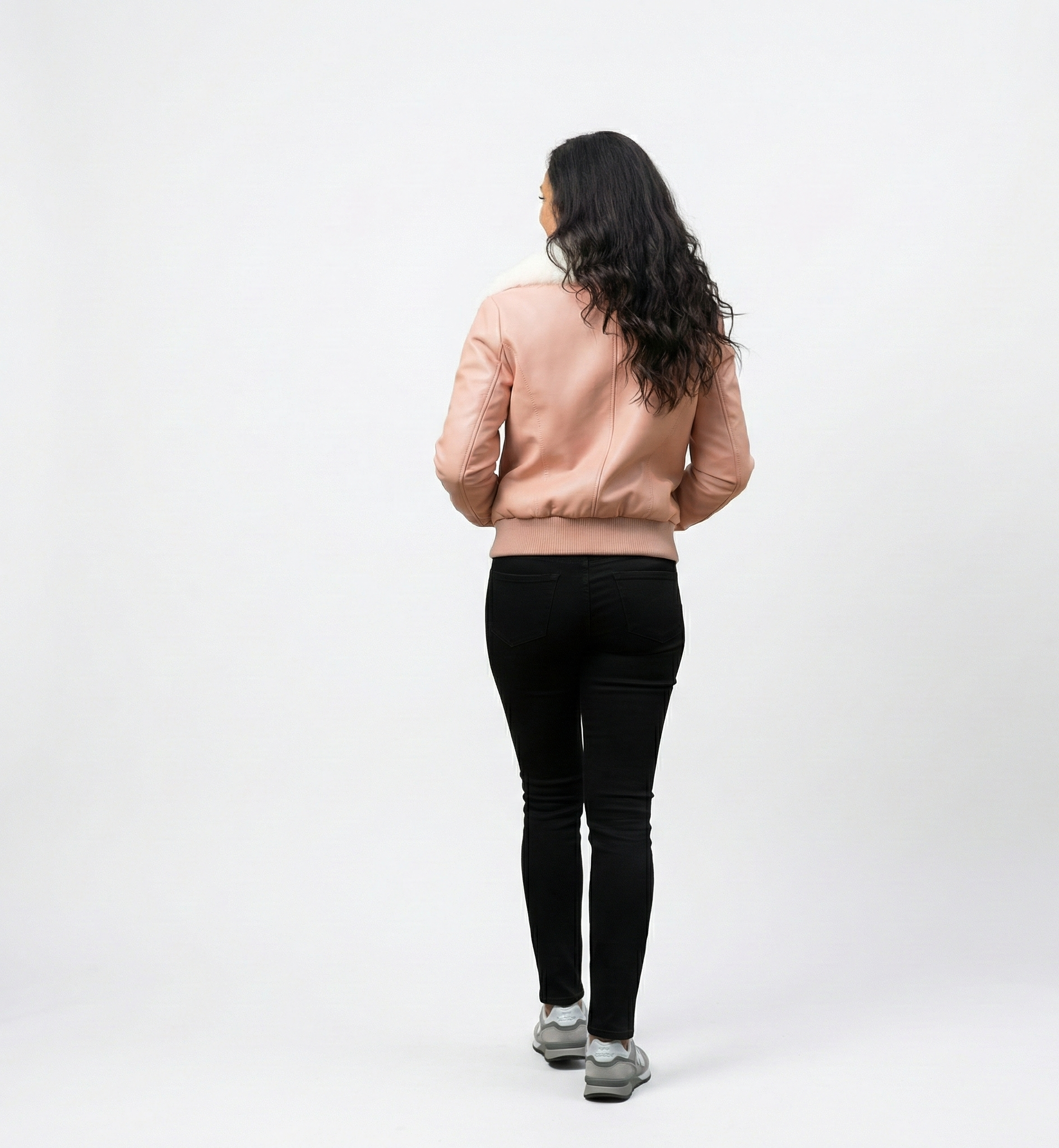 Women’s Pink Leather Jacket with Soft White Fur Collar