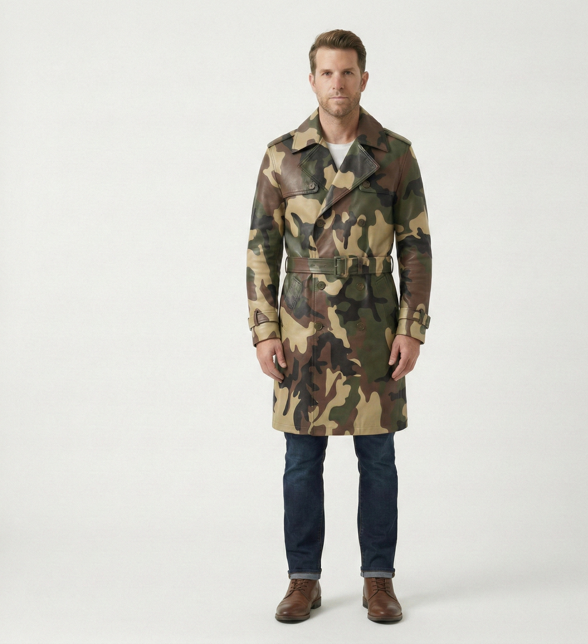 Men’s Camouflage Trench Coat – Military Style Belted Designer Overcoat