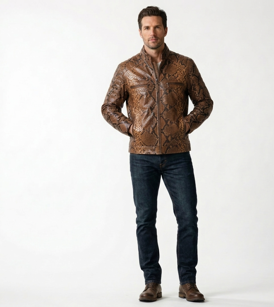 Men’s Brown Snakeskin Print Leather Jacket – Luxury Designer Zip-Up Biker Style