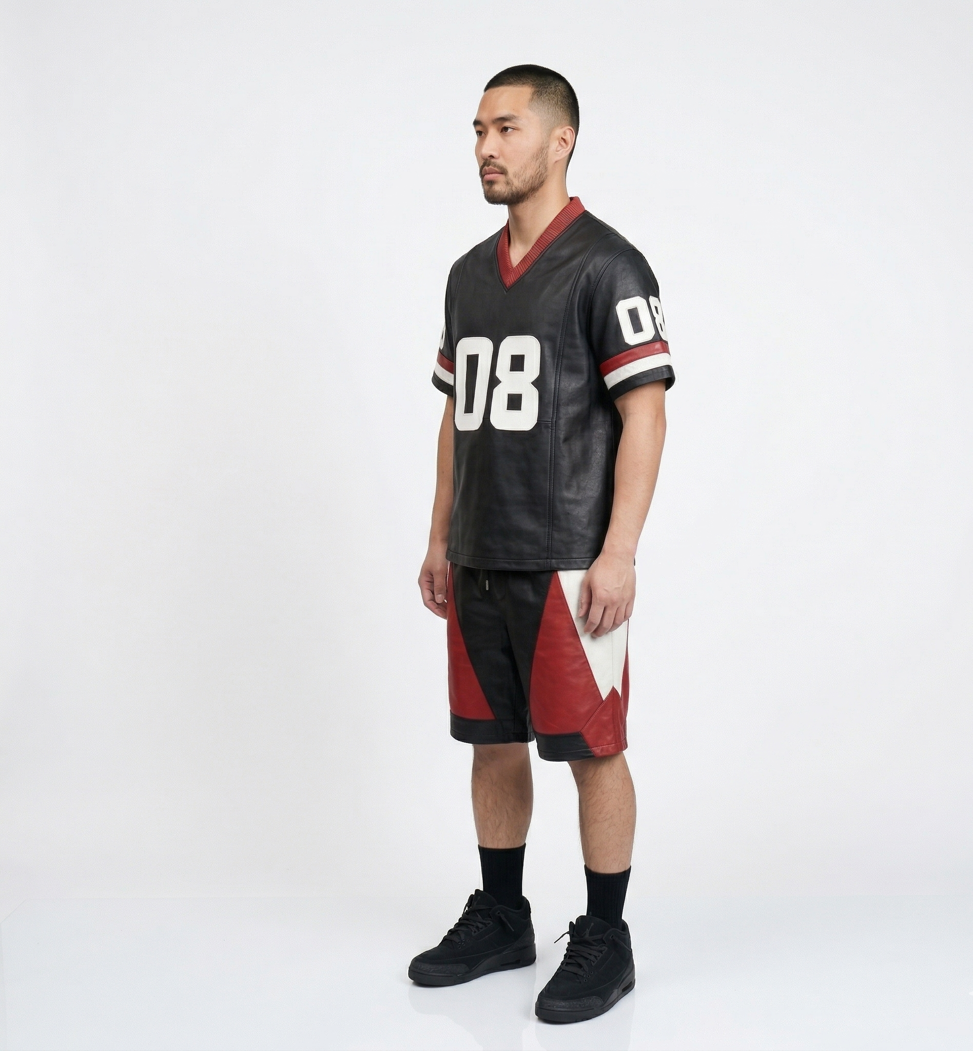 Men’s Urban Leather Jersey Outfit  – Black & Red Leather Sportswear Two-Piece Set