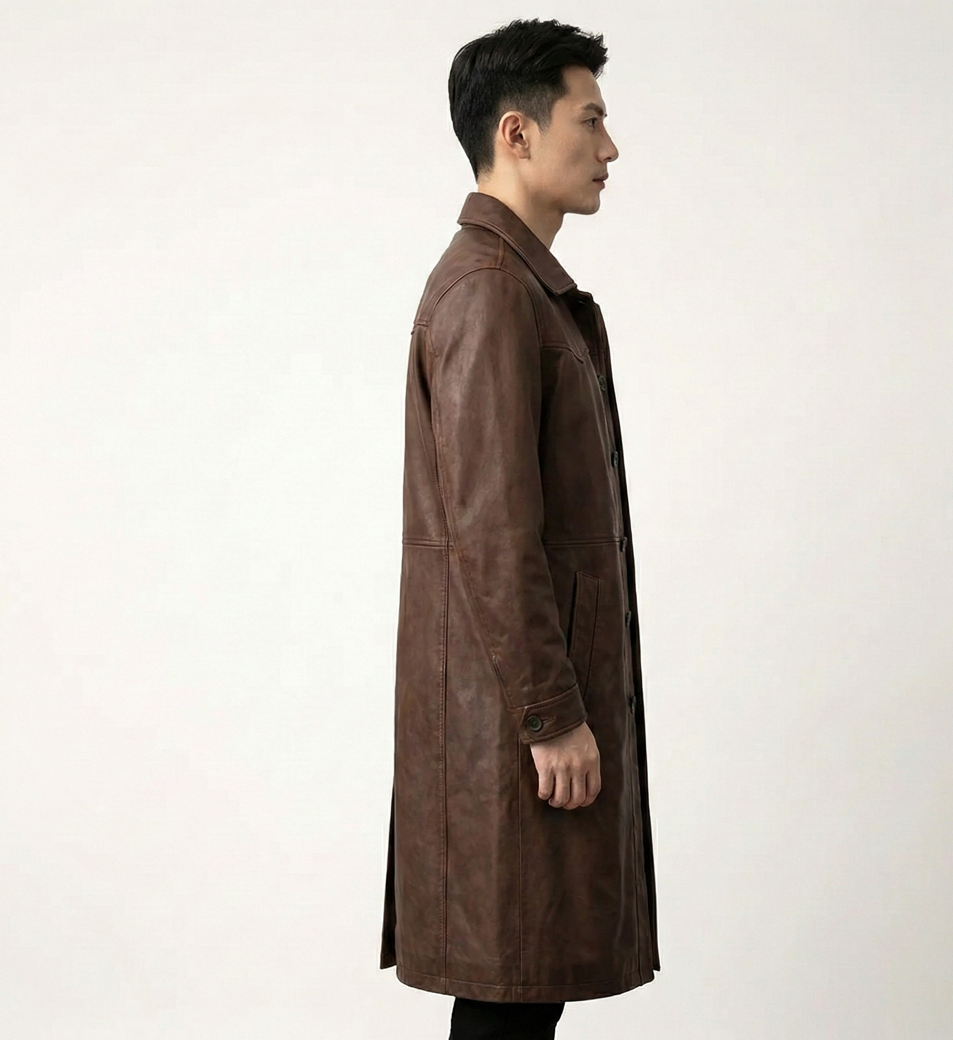 Men’s Brown Leather Trench Coat – Mid-Length Outerwear