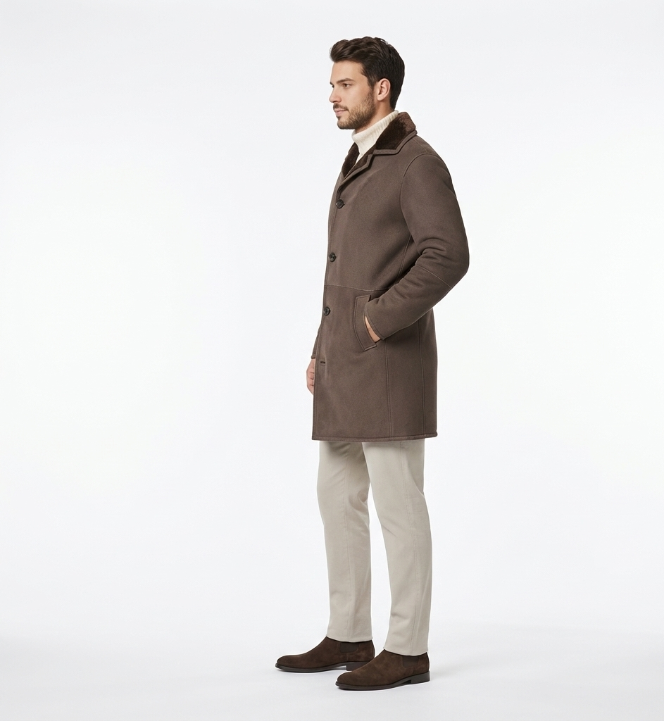 Men’s Button-Front Suede Winter Coat with Shearling Collar
