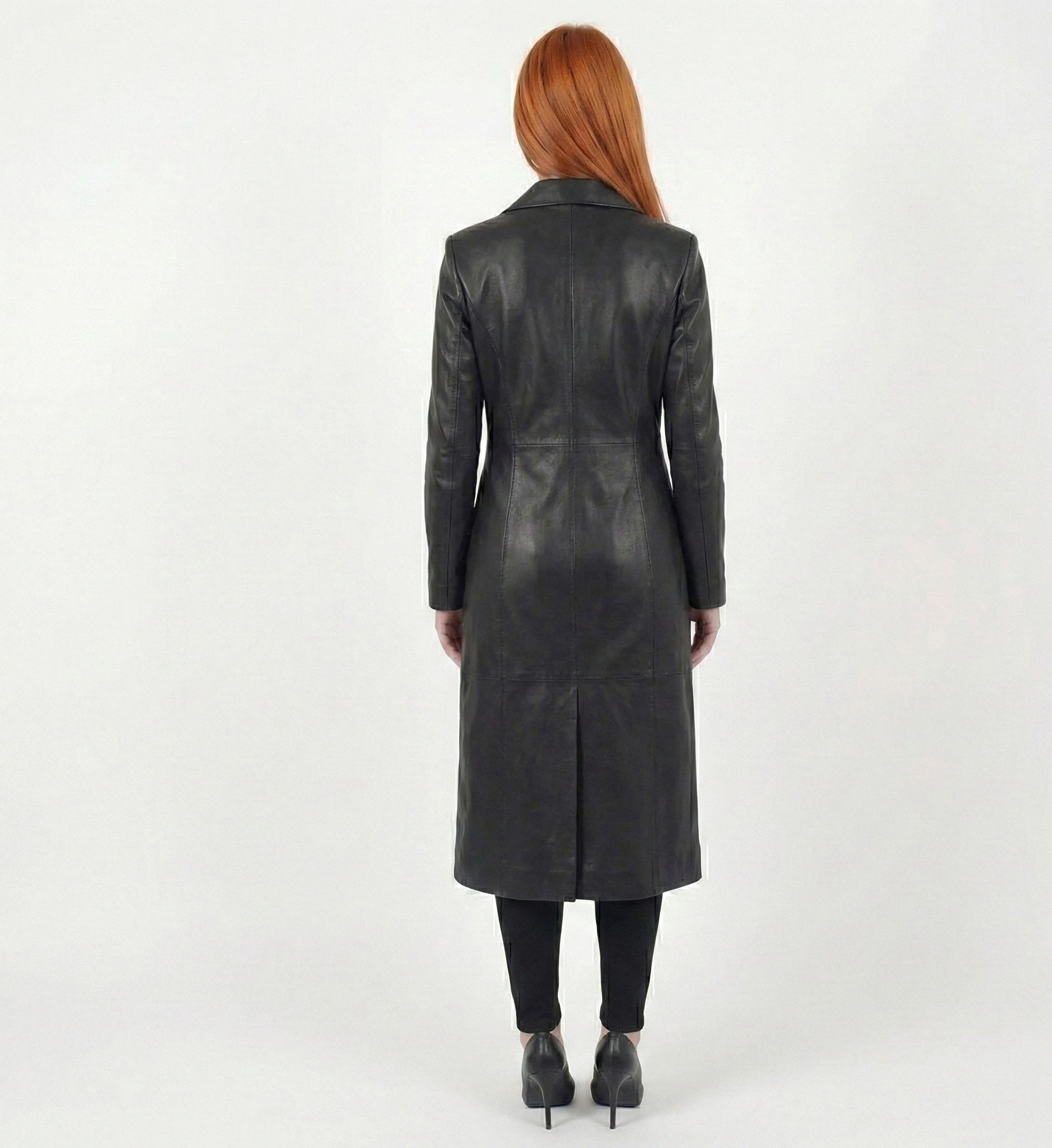 Women’s Classic Black Leather Trench Coat – Tailored Longline Fit