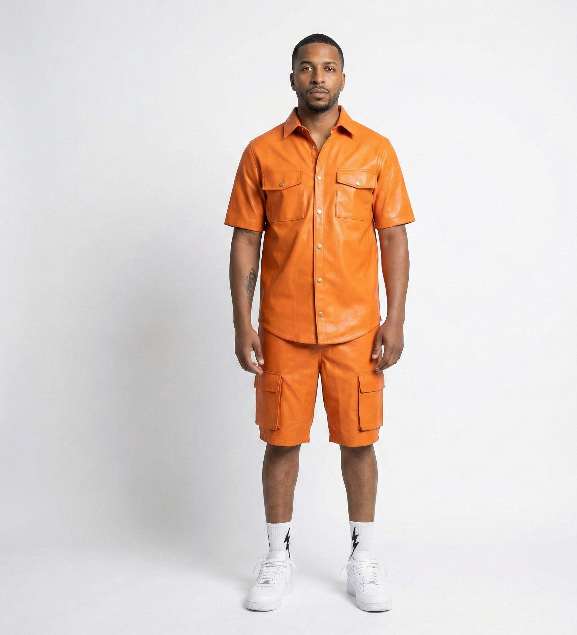 Men’s Orange Leather Cargo Shorts – Casual Street Fit