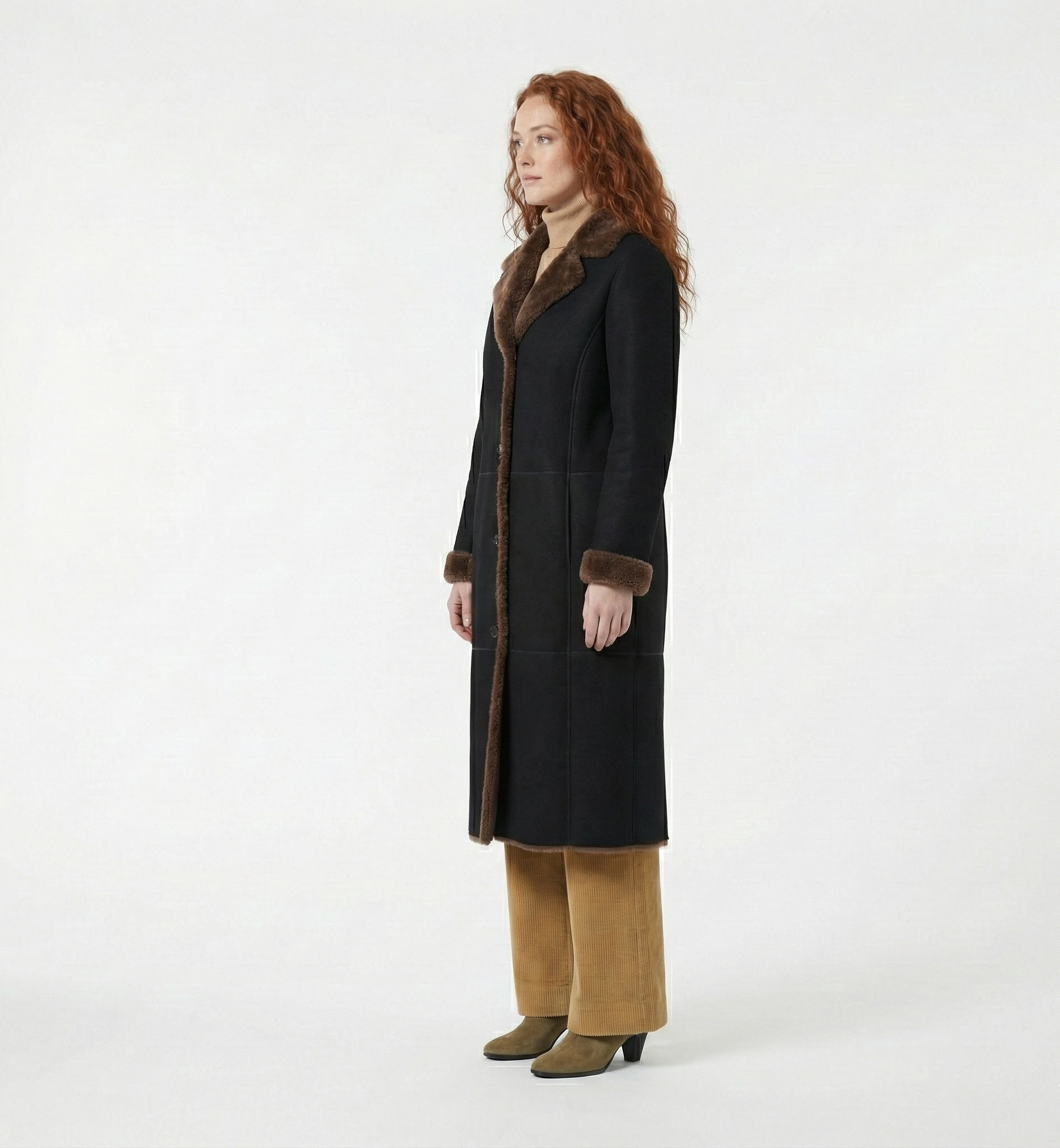 Women’s Black Mid-Length Coat with Brown Fur Trim