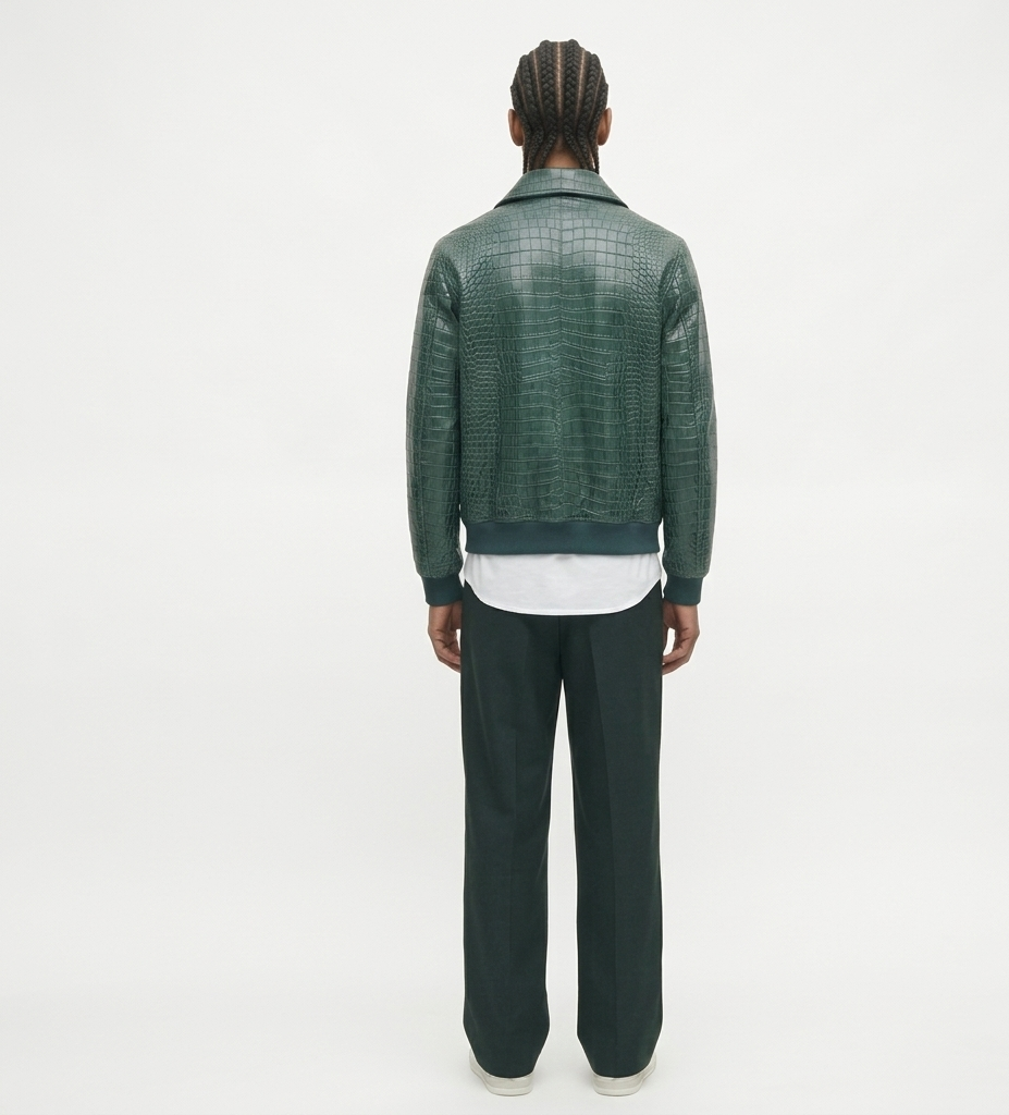 Luxury Men’s Crocodile Texture Green Leather Jacket – Designer Streetwear