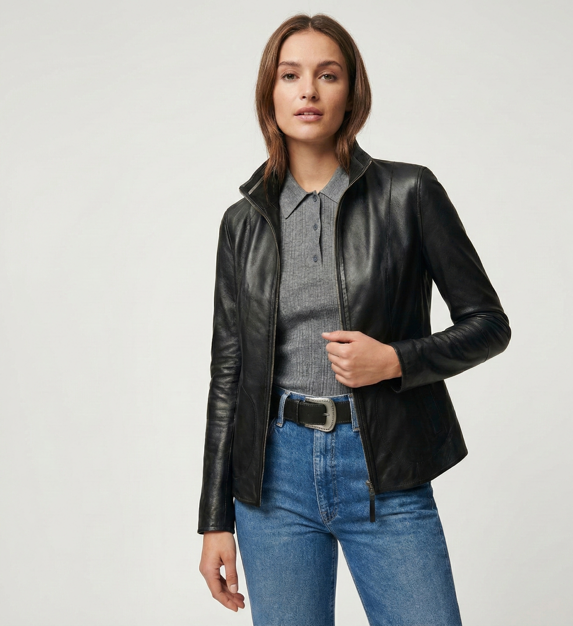 Women’s Black Leather Jacket with Zip Closure