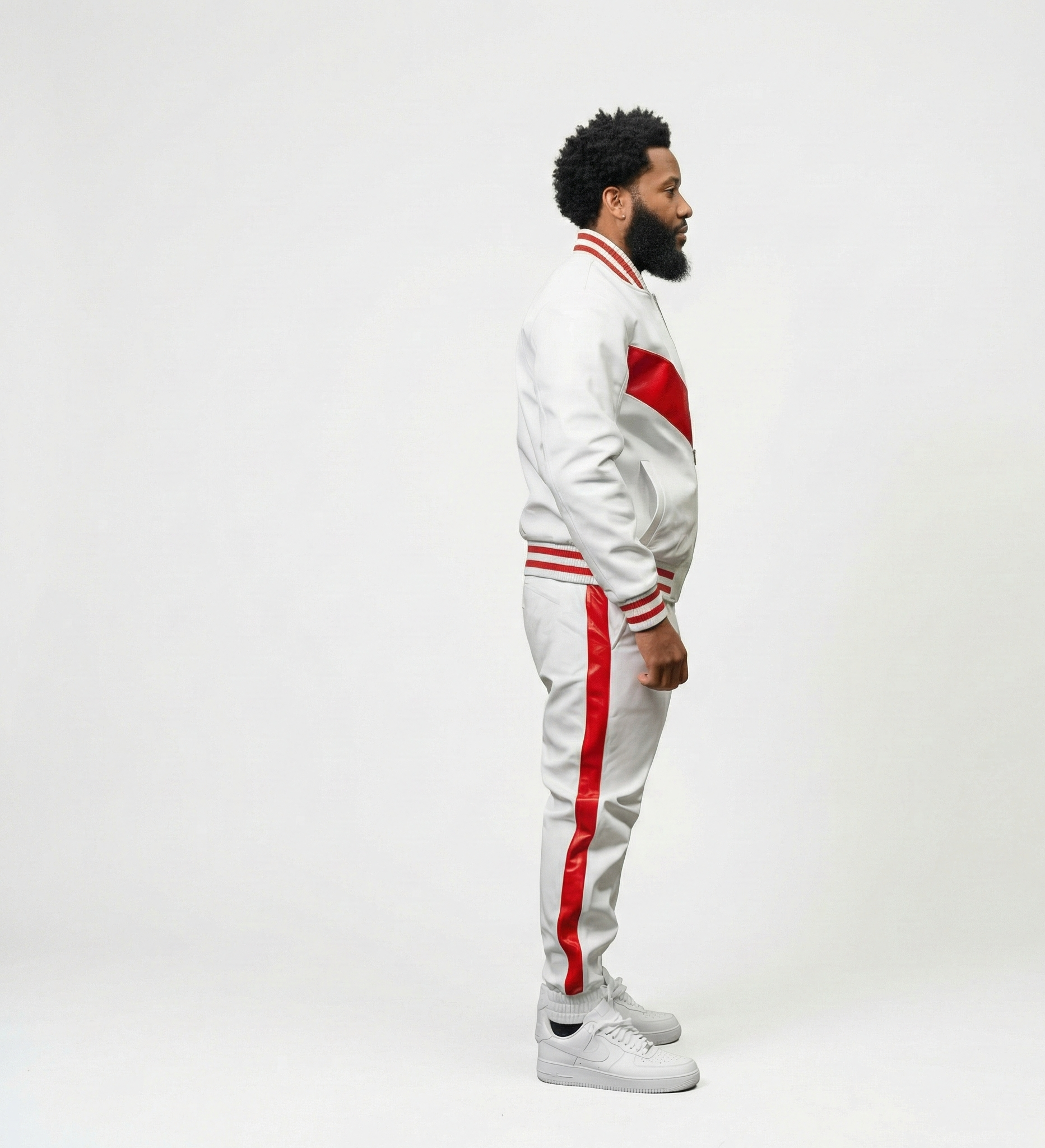 Men’s White & Red Leather Tracksuit Set – Streetwear Outfit