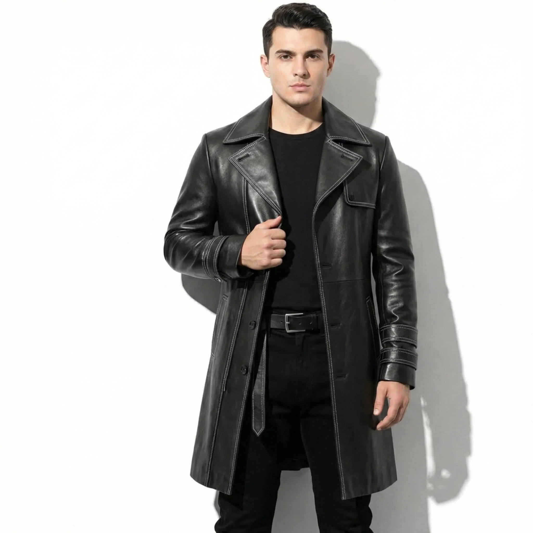 Men’s Black Leather Trench Coat – Slim Fit Outerwear