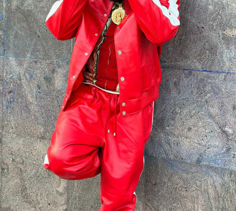 Men's Leather Jogging Track Suit Sweat Suit [Red/White]