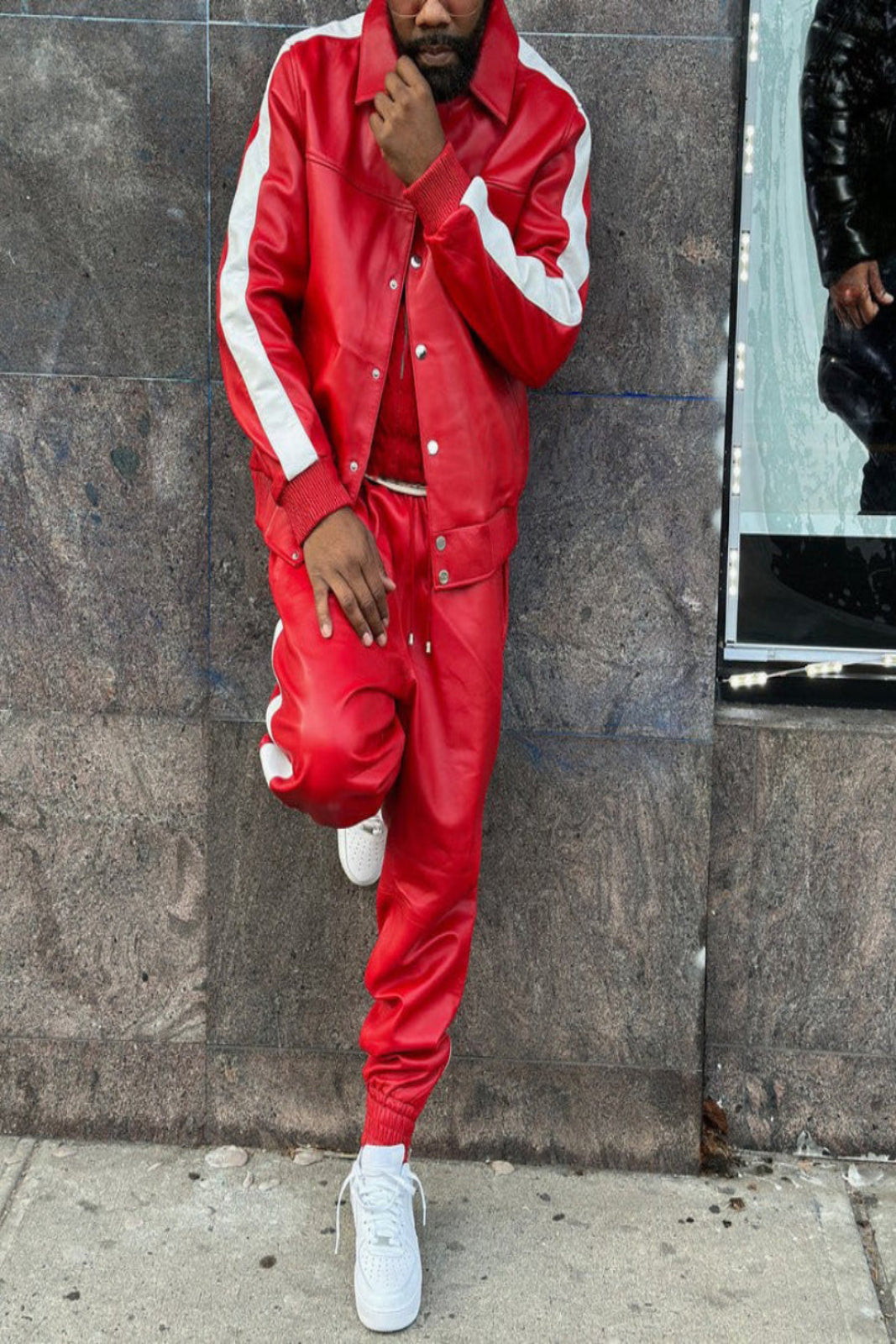 Men's Leather Jogging Track Suit Sweat Suit [Red/White]