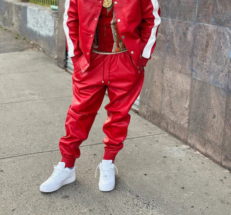 Men's Leather Jogging Track Suit Sweat Suit [Red/White]