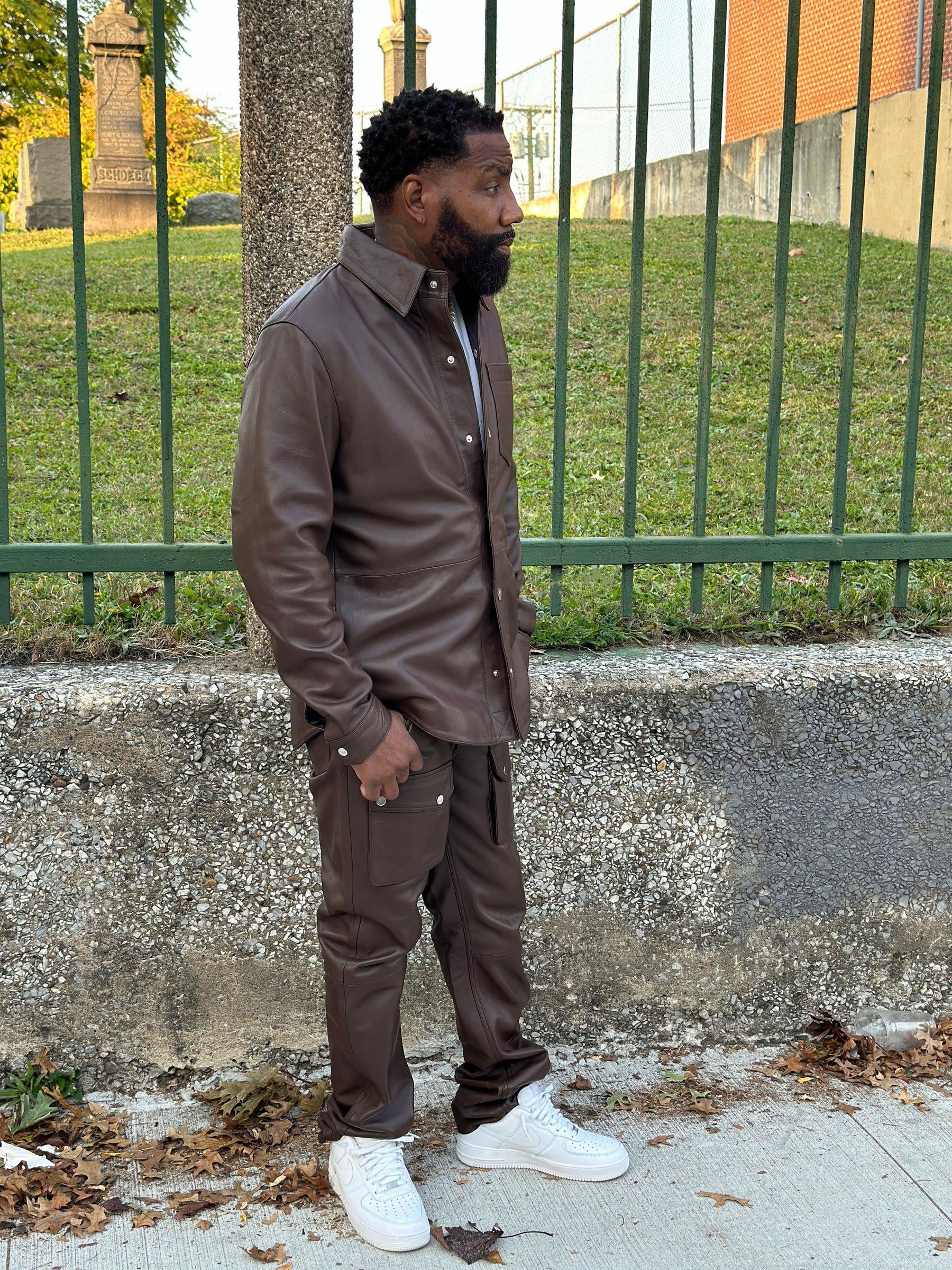 Men's Genuine Cargo Style Leather Pants [Light Brown]