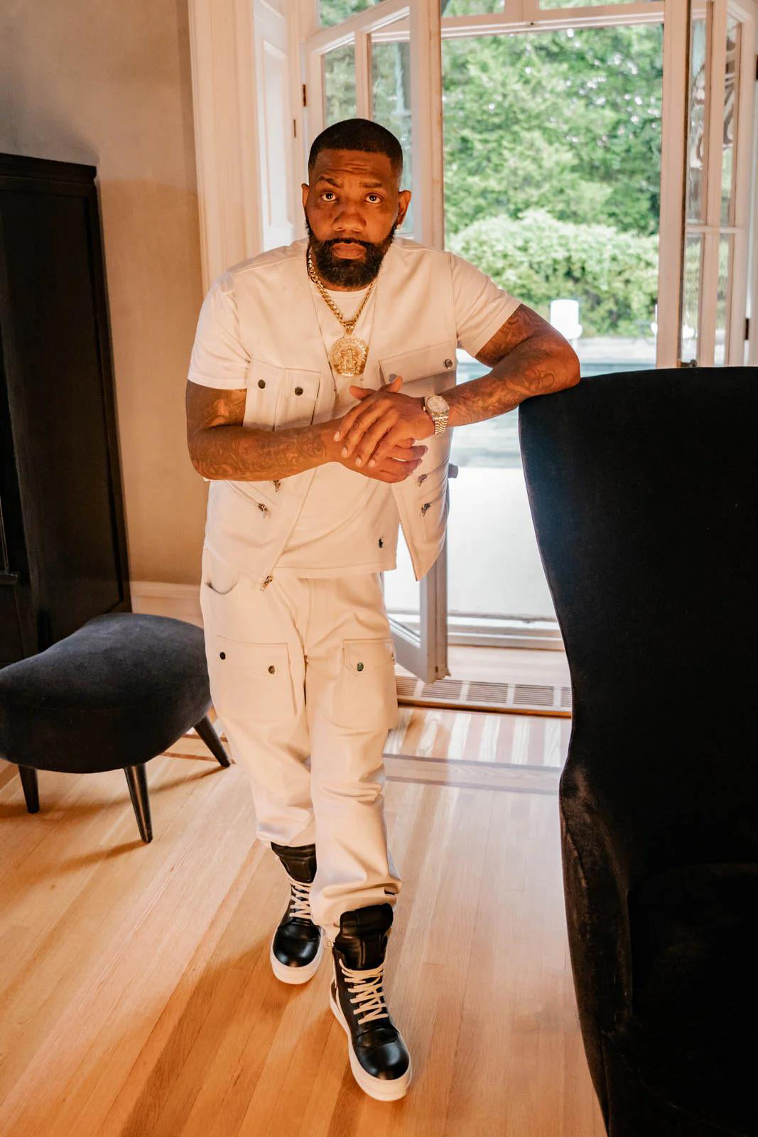 Men's Leather Tactical Vest With Leather Cargo Pants White [Slim-Cut]