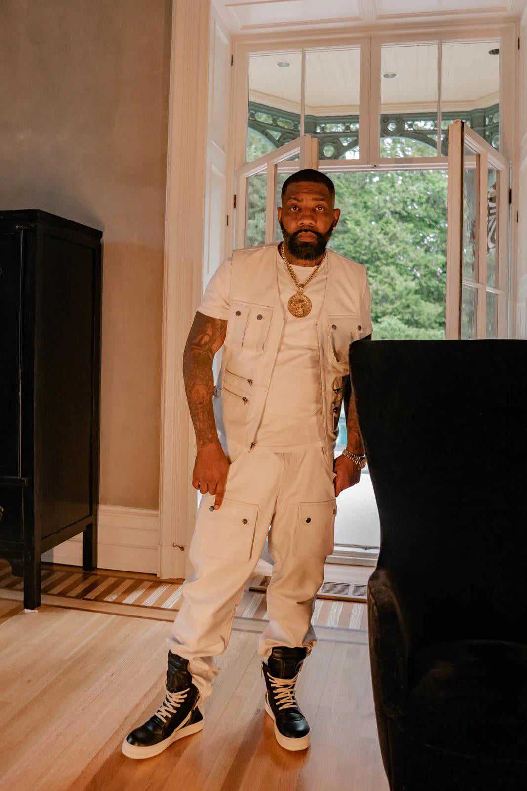 Men's Leather Tactical Vest With Leather Cargo Pants White [Slim-Cut]