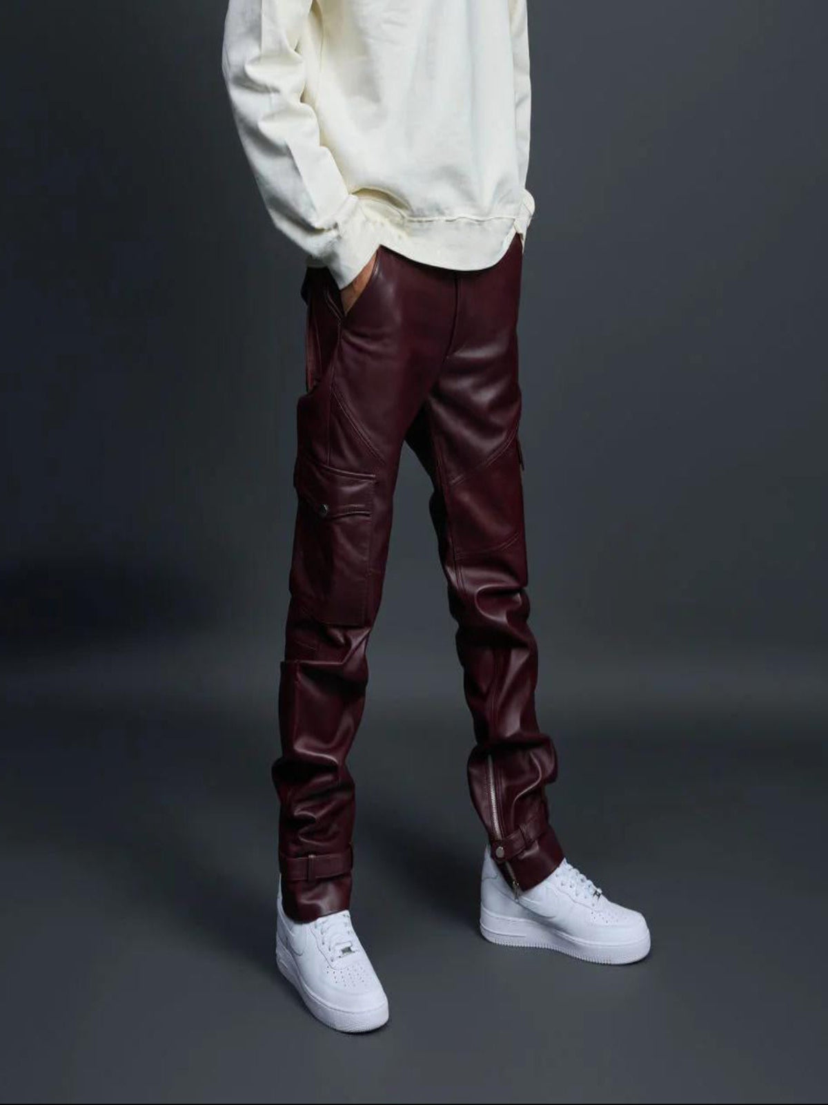Men's Leather Stack Jean Pants [Maroon]