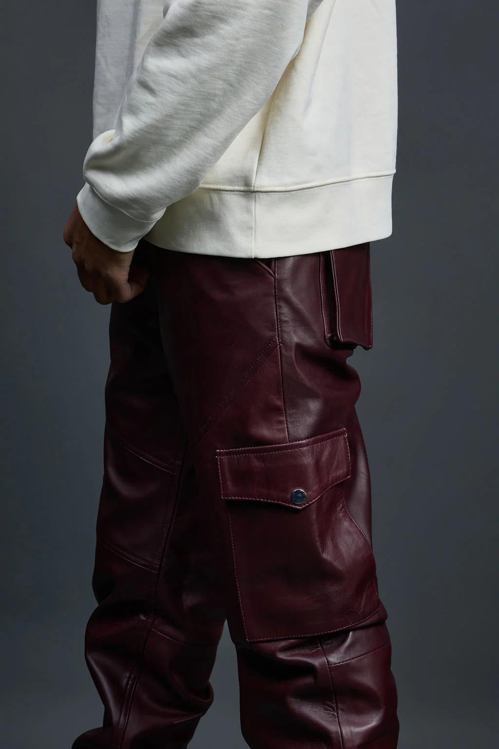 Men's Leather Stack Jean Pants [Maroon]