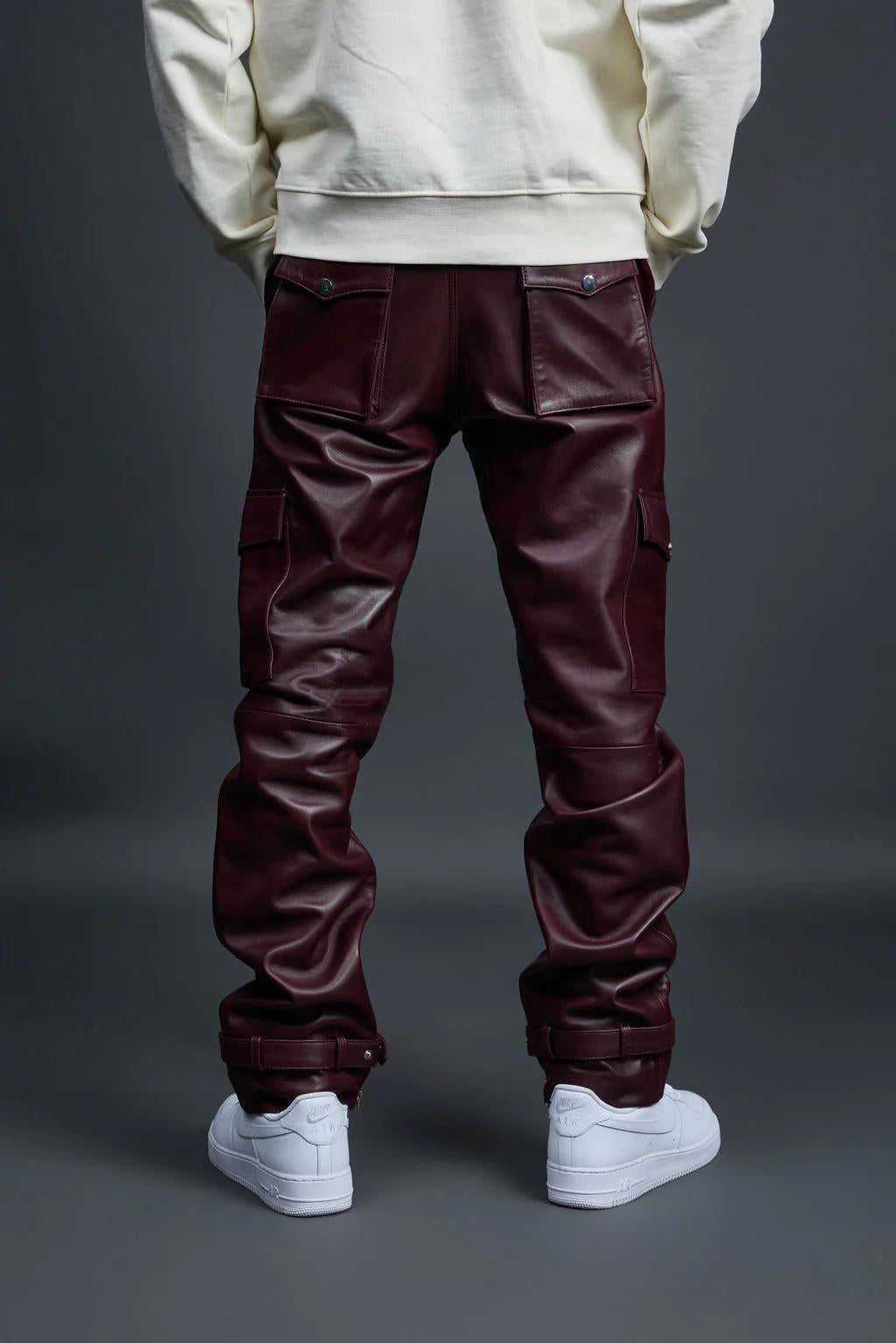 Men's Leather Stack Jean Pants [Maroon]