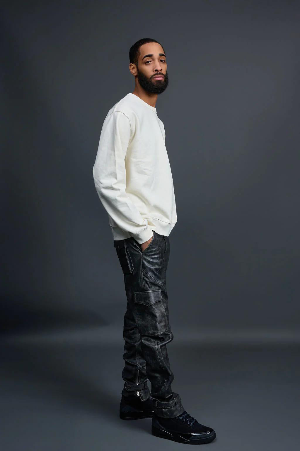 Men's Leather Stack Jean Pants [Black]