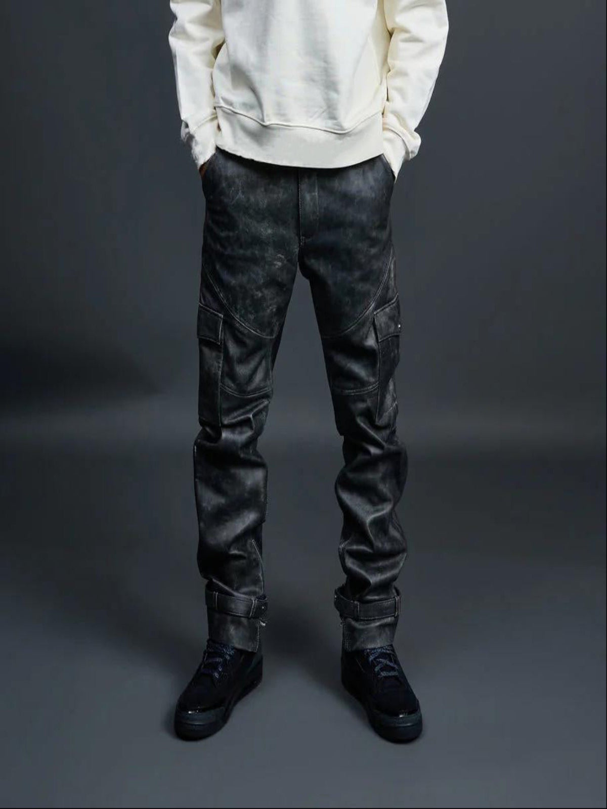 Men's Leather Stack Jean Pants [Black]