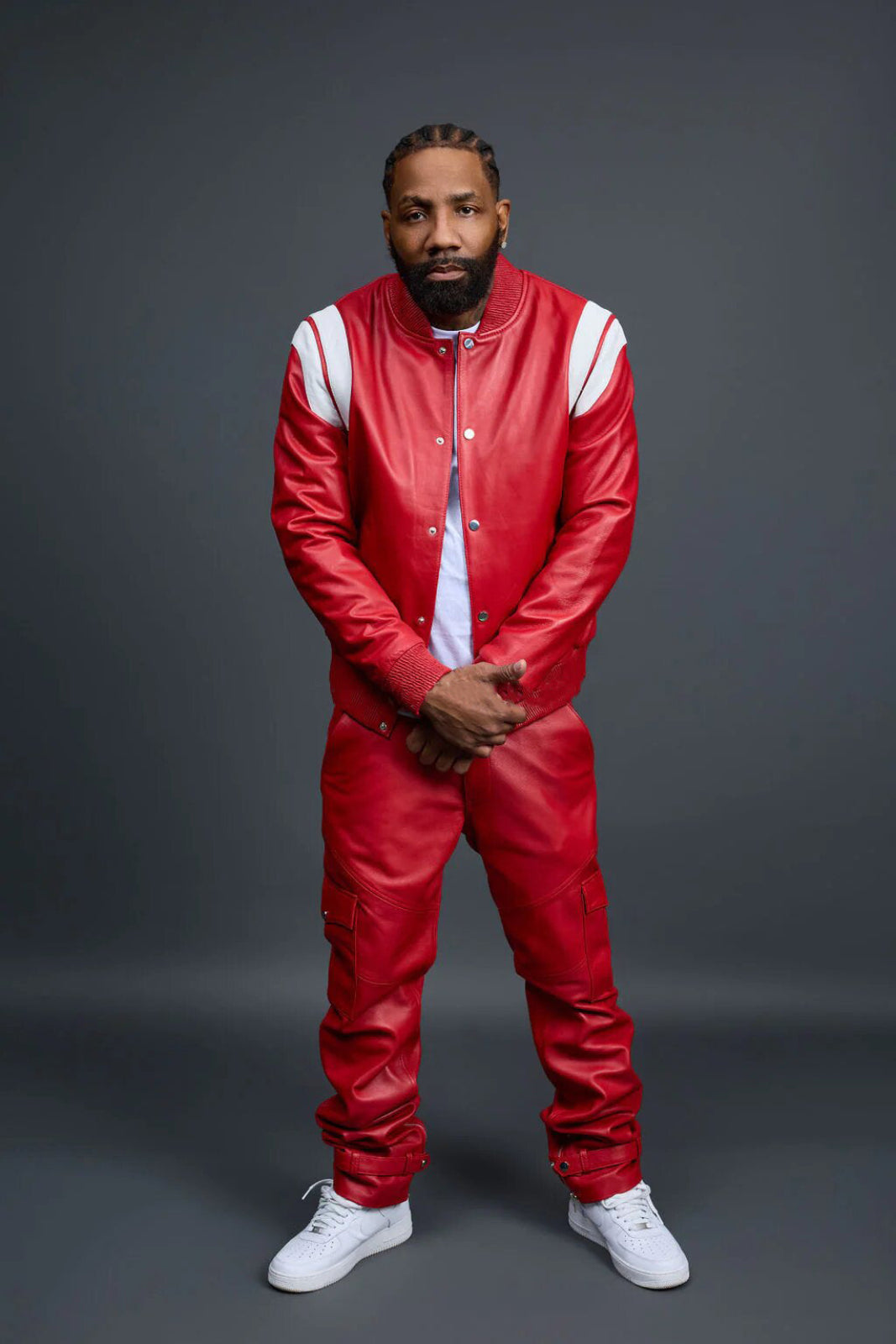Men's Genuine Leather Track Suit And Cargo Pants [Red/White]