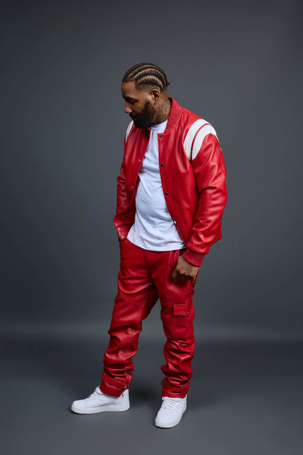 Men's Genuine Leather Track Suit And Cargo Pants [Red/White]
