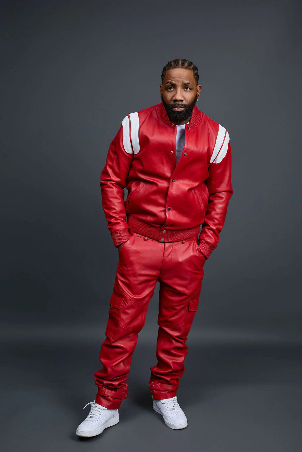 Men's Genuine Leather Track Suit And Cargo Pants [Red/White]