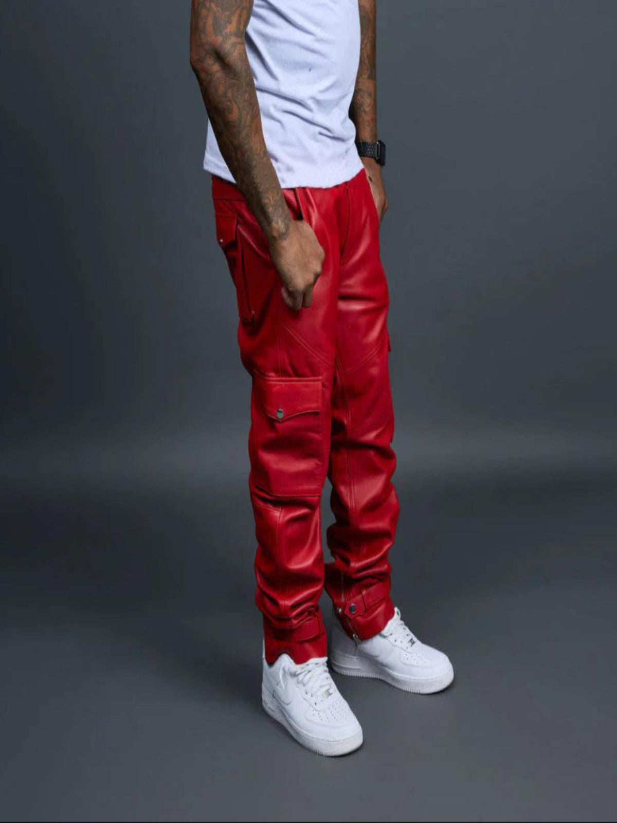 Men's Leather Stack Jean Pants [Red]