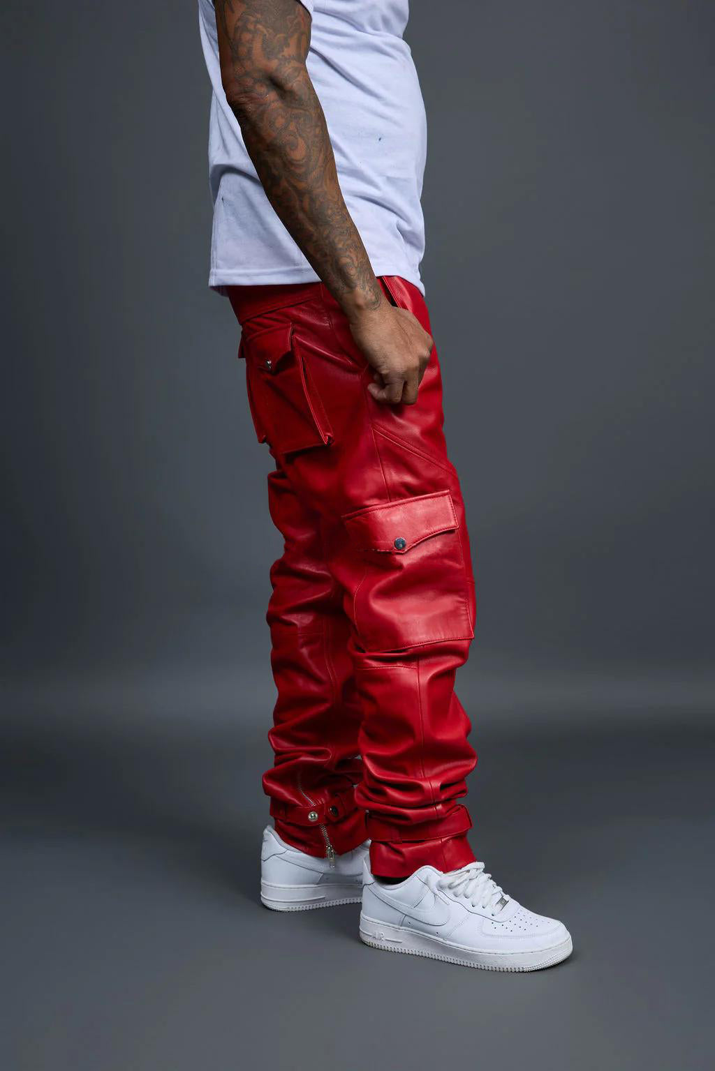Men's Leather Stack Jean Pants [Red]