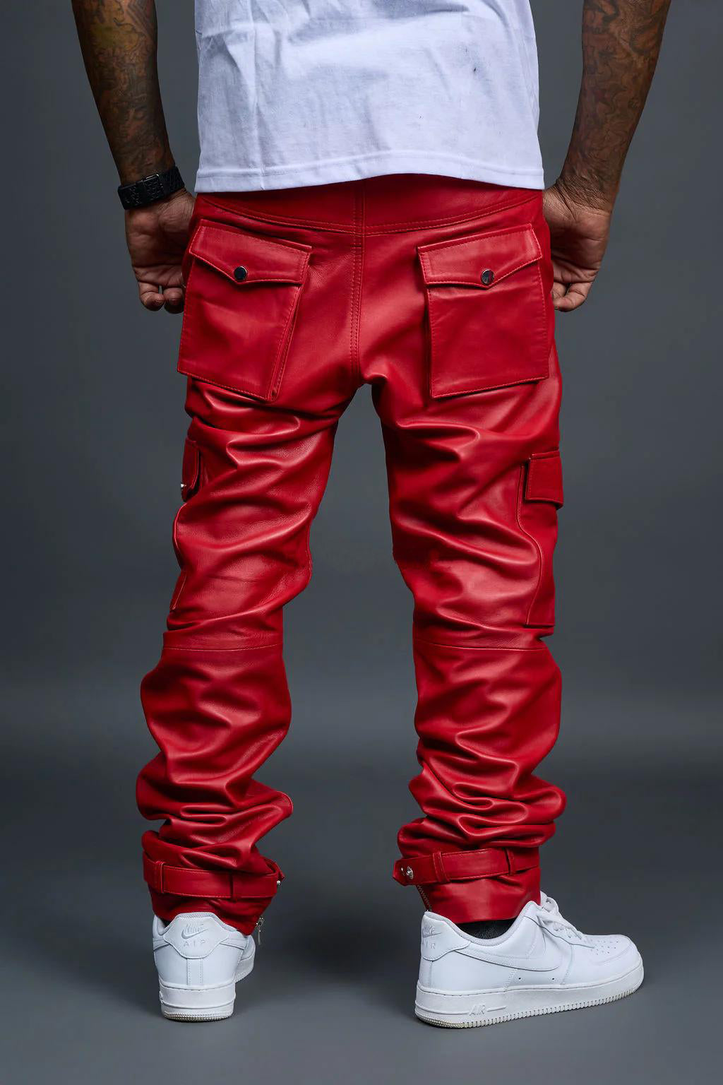 Men's Leather Stack Jean Pants [Red]