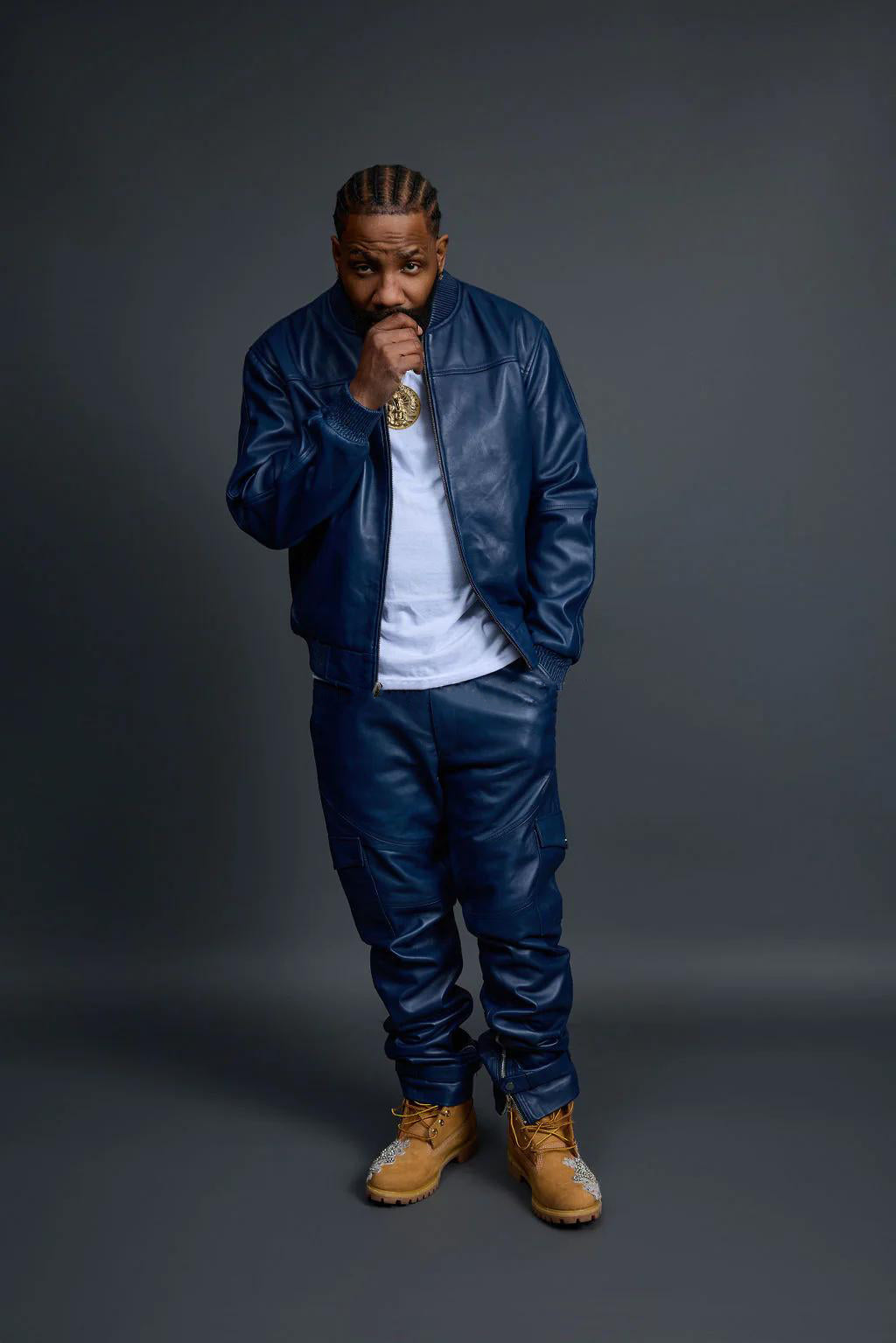 Men's Leather Baseball Jacket & Leather Jean Pants [Navy]