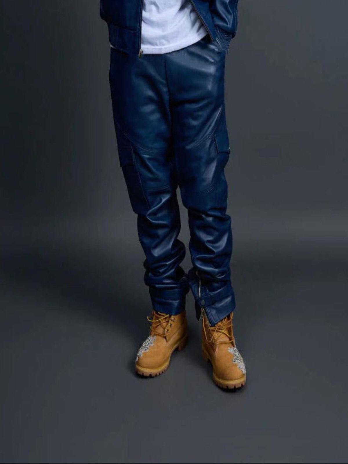 Men's Genuine Cargo Style Leather Pants [Navy]