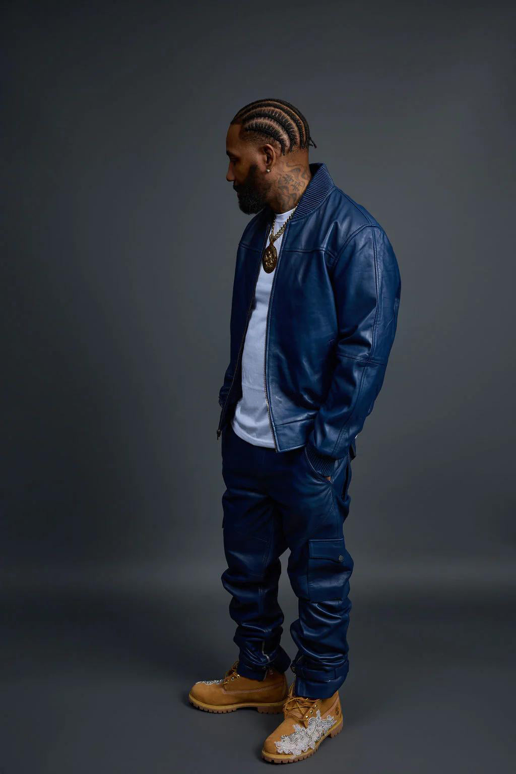 Men's Genuine Cargo Style Leather Pants [Navy]