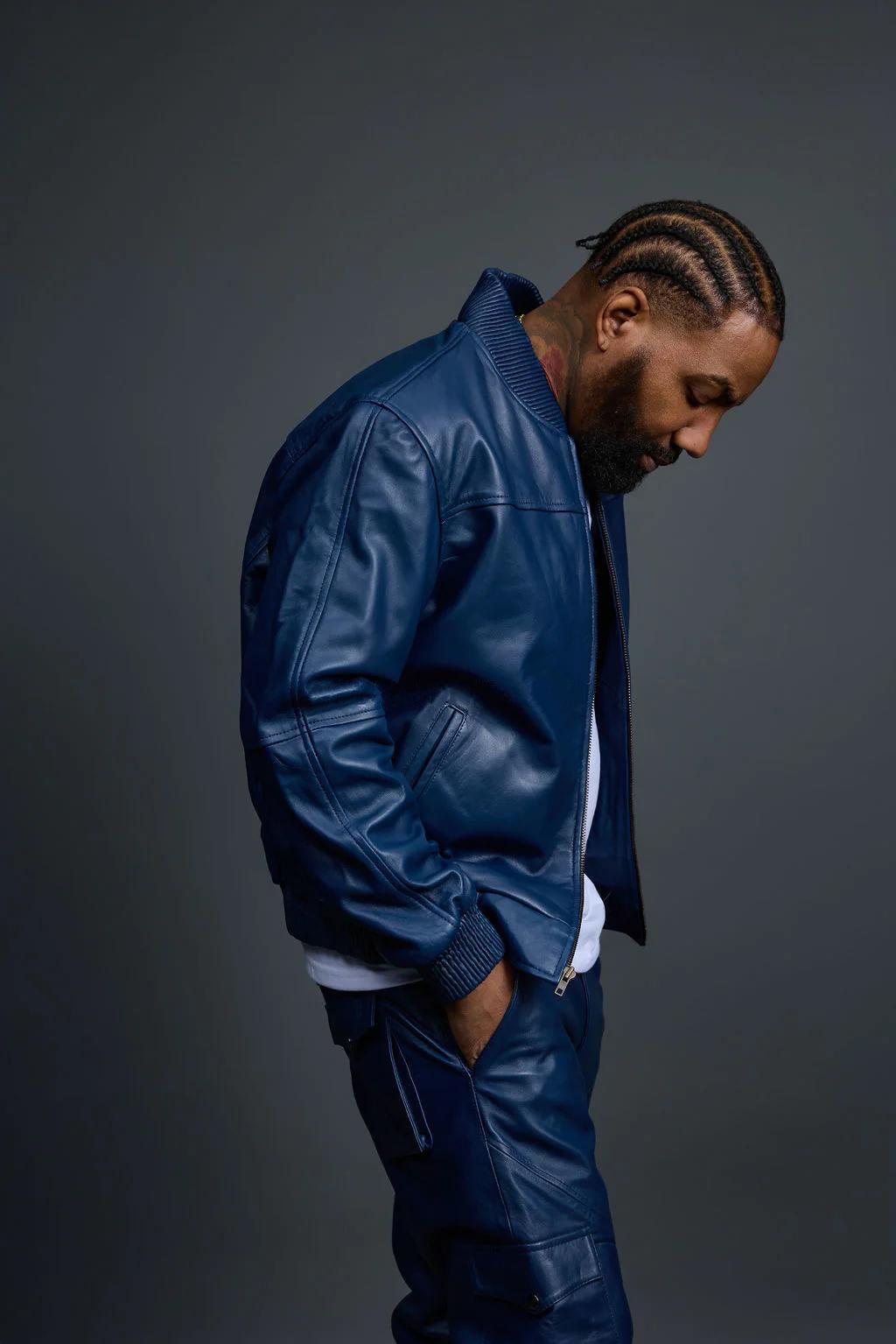 Men's Leather Baseball Jacket & Leather Jean Pants [Navy]