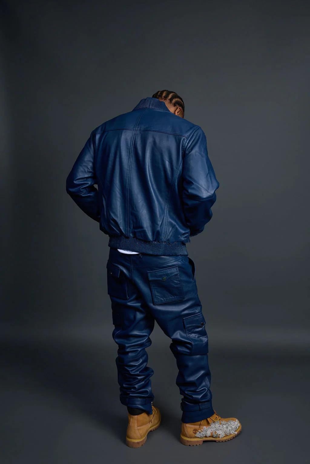 Men's Leather Baseball Jacket & Leather Jean Pants [Navy]