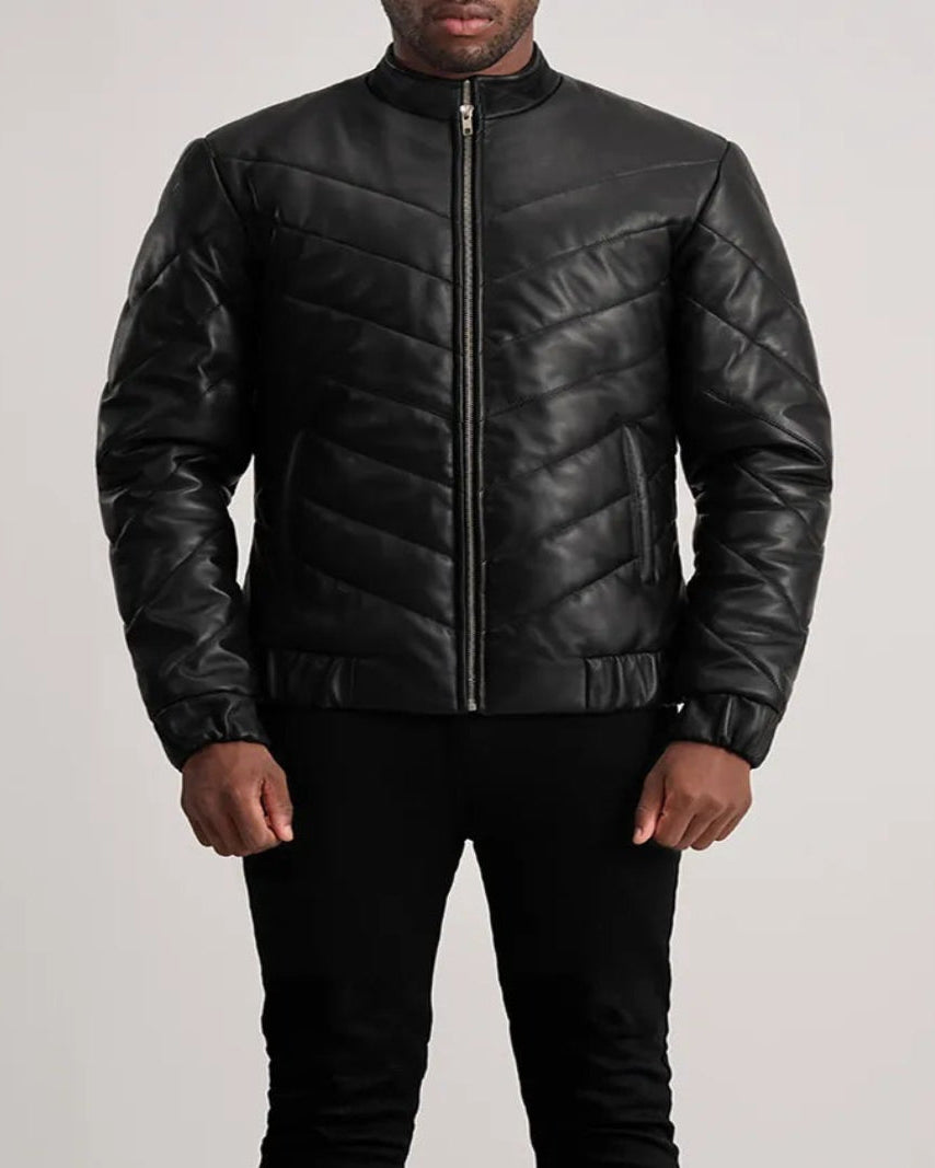 Men's Travis Tan Leather Puffer Jacket [Black]
