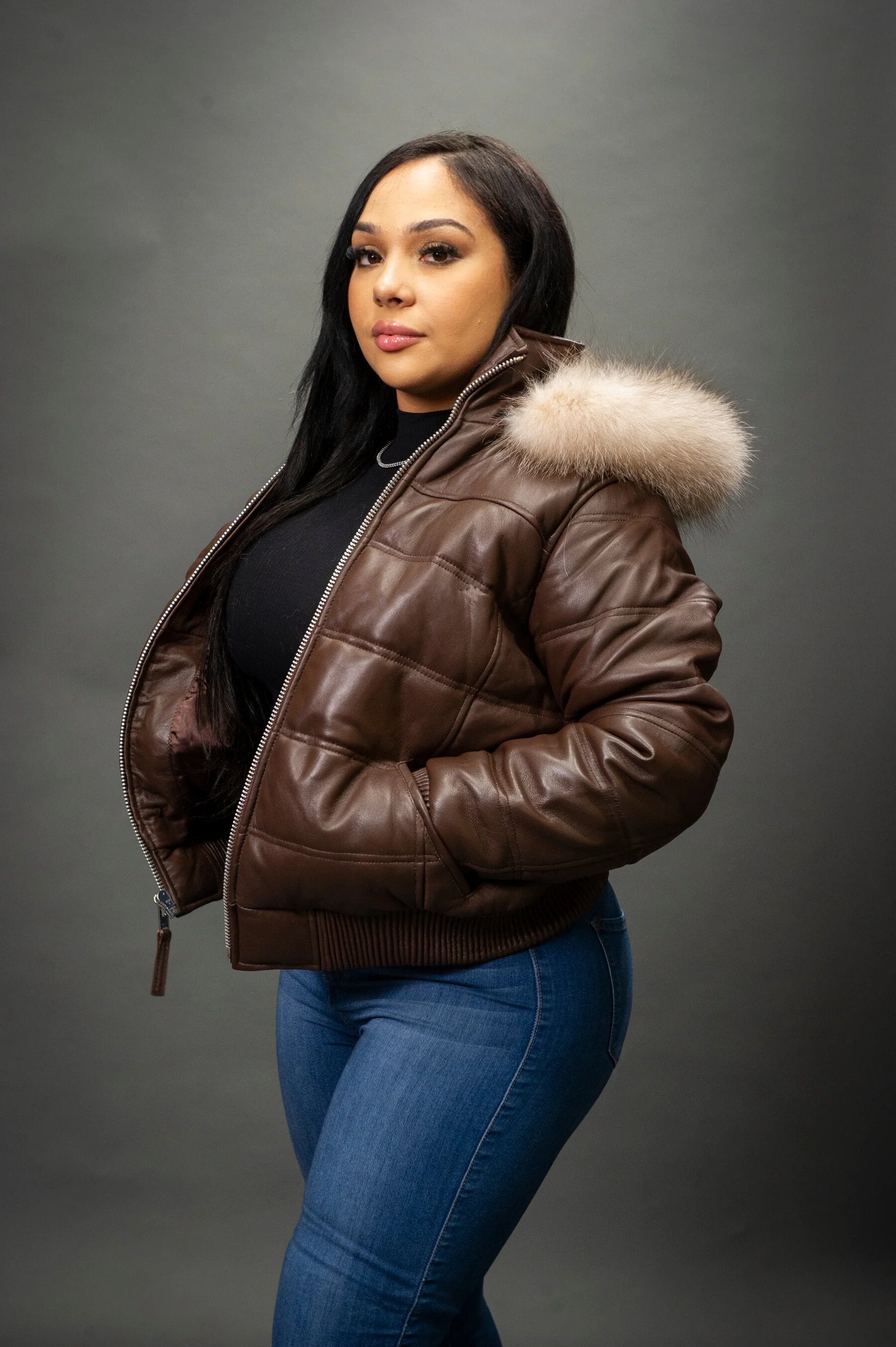 Women's Leather Snorkel Fur Hood Bomber Jacket [Dark Brown]