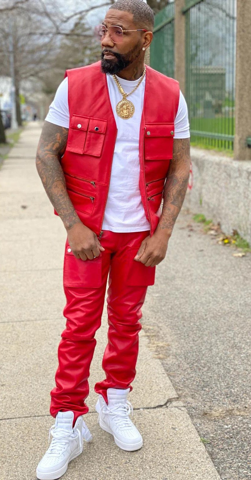 Men's Leather Tactical Vest With Leather Cargo Pants Red [Slim-Cut]