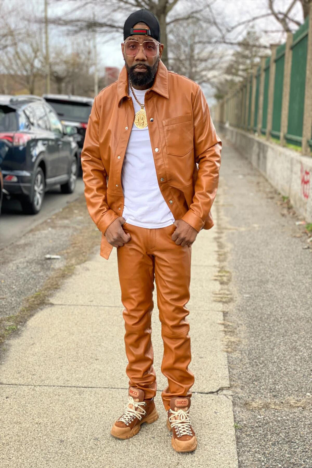 Men's Leather Full Sleeve Shirt And Pant Track Suit [Saddle Brown]