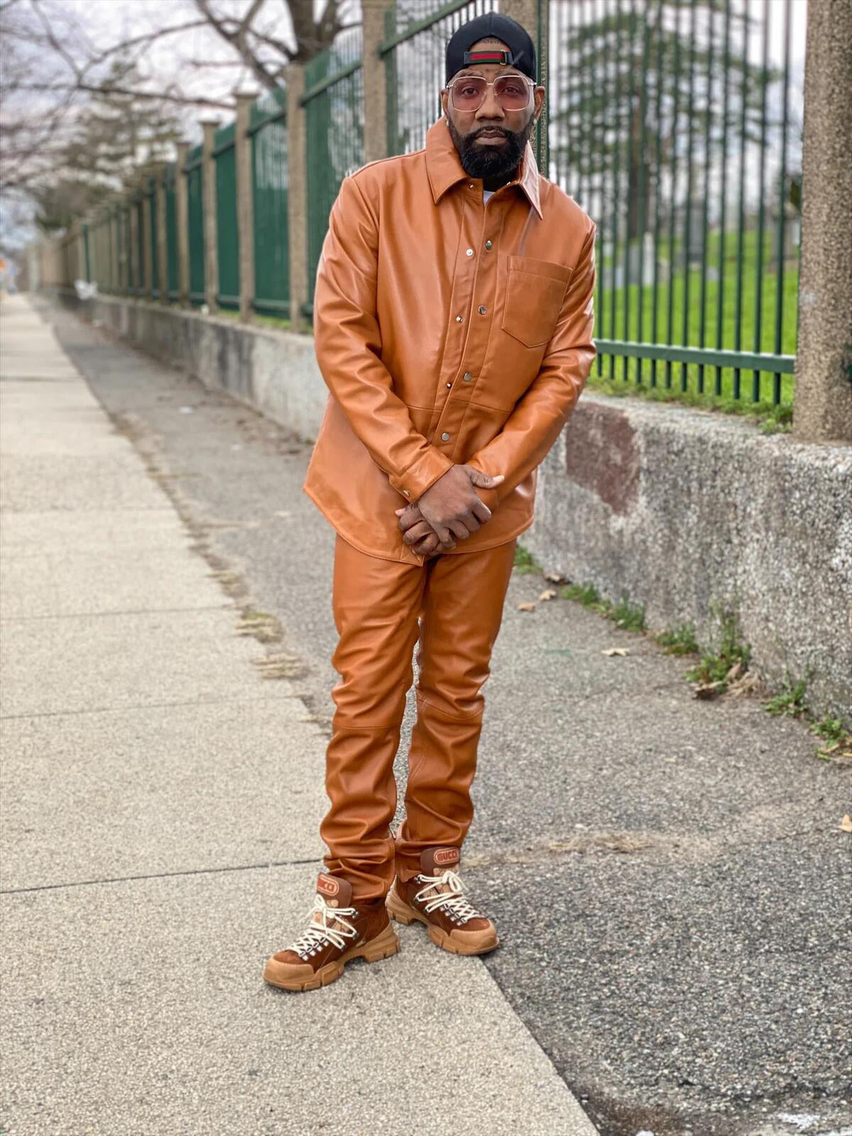 Men's Leather Full Sleeve Shirt And Pant Track Suit [Saddle Brown]