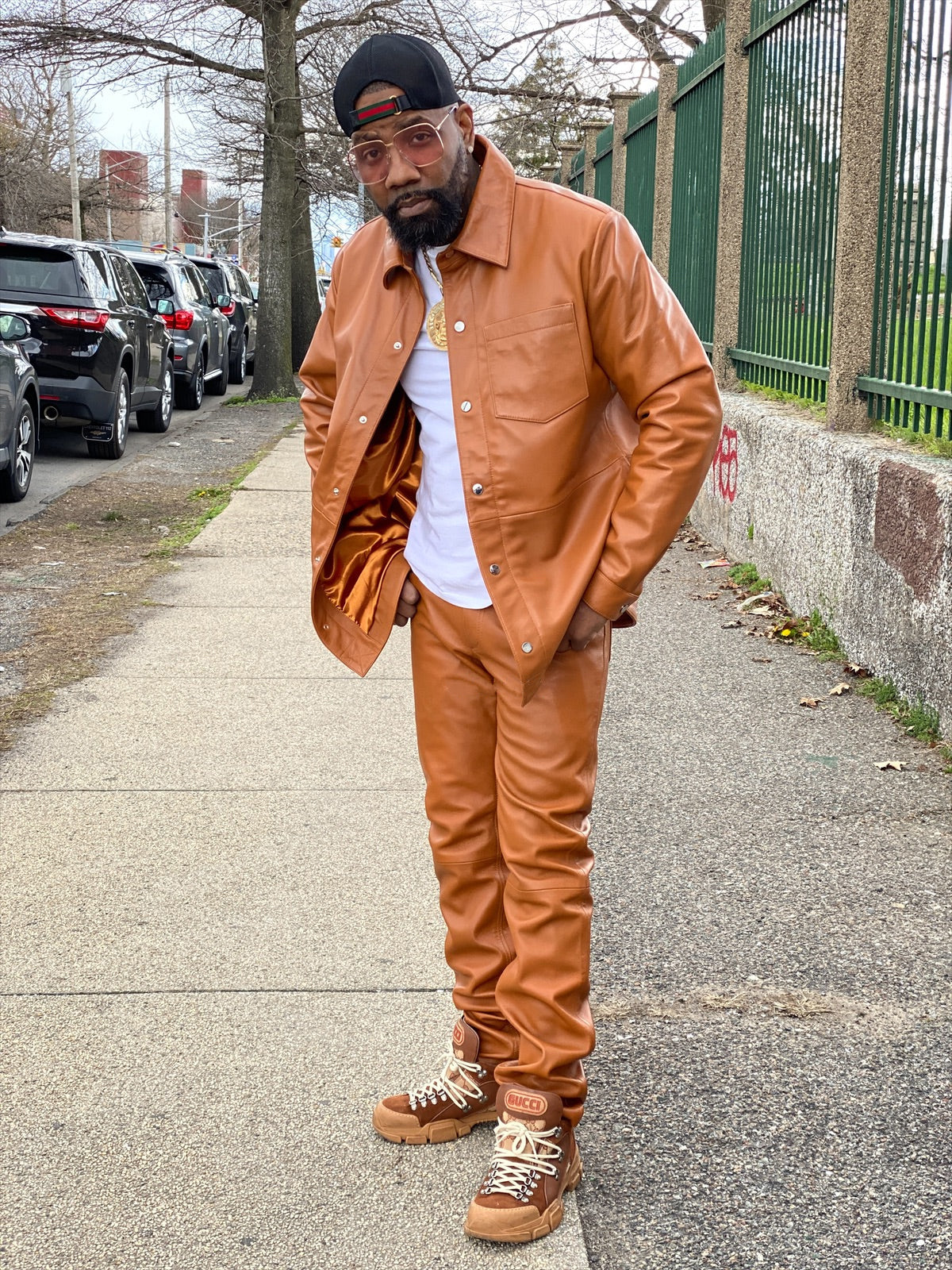 Men's Leather Full Sleeve Shirt And Pant Track Suit [Saddle Brown]