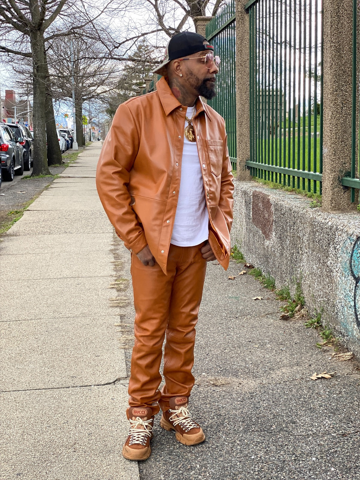 Men's Leather Full Sleeve Shirt And Pant Track Suit [Saddle Brown]