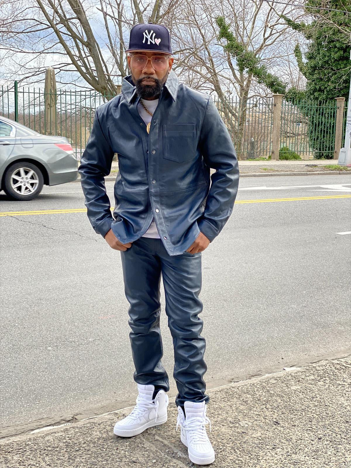 Men's Leather Full Sleeve Shirt And Pant Track Suit [Navy]