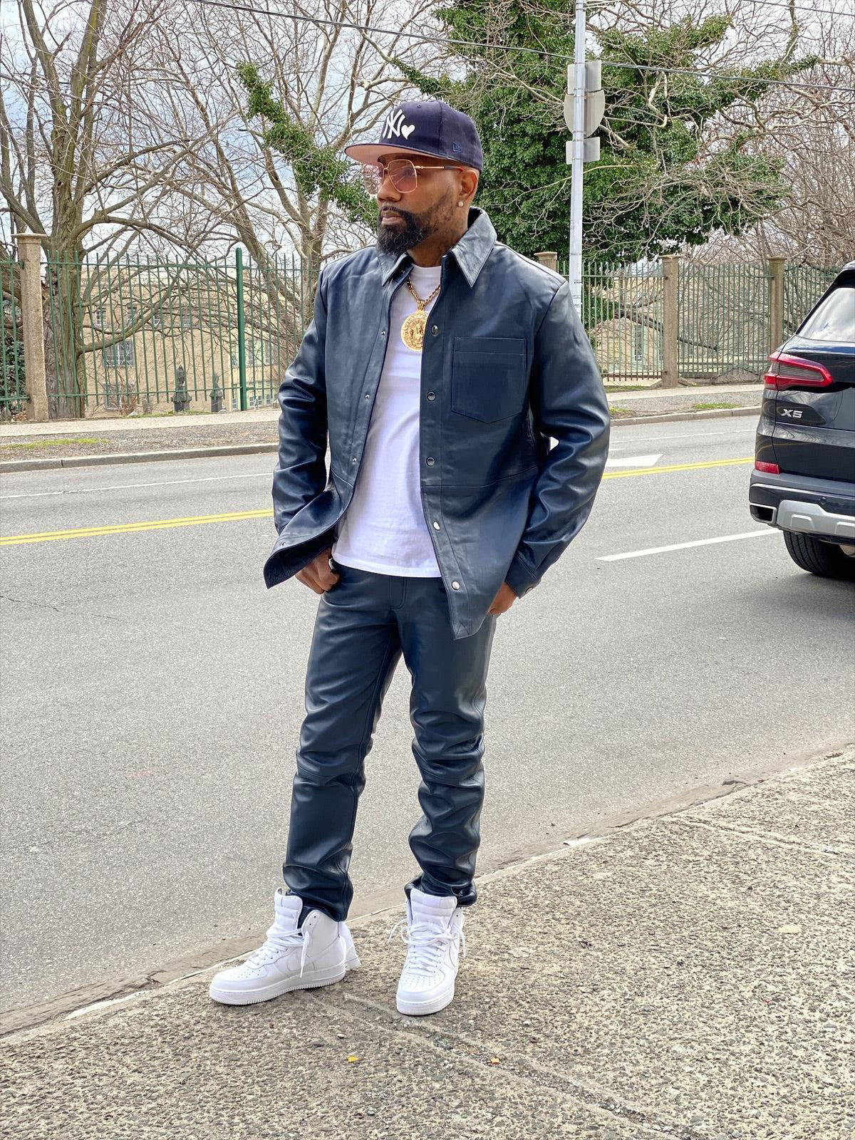 Men's Leather Full Sleeve Shirt And Pant Track Suit [Navy]