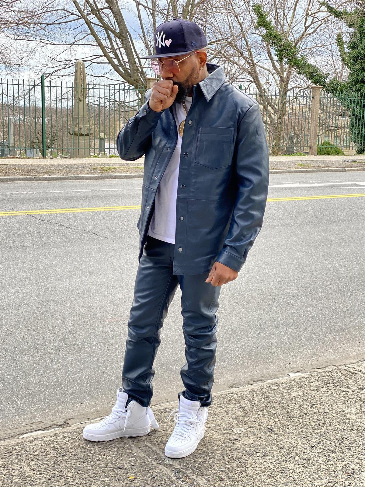 Men's Leather Full Sleeve Shirt And Pant Track Suit [Navy]