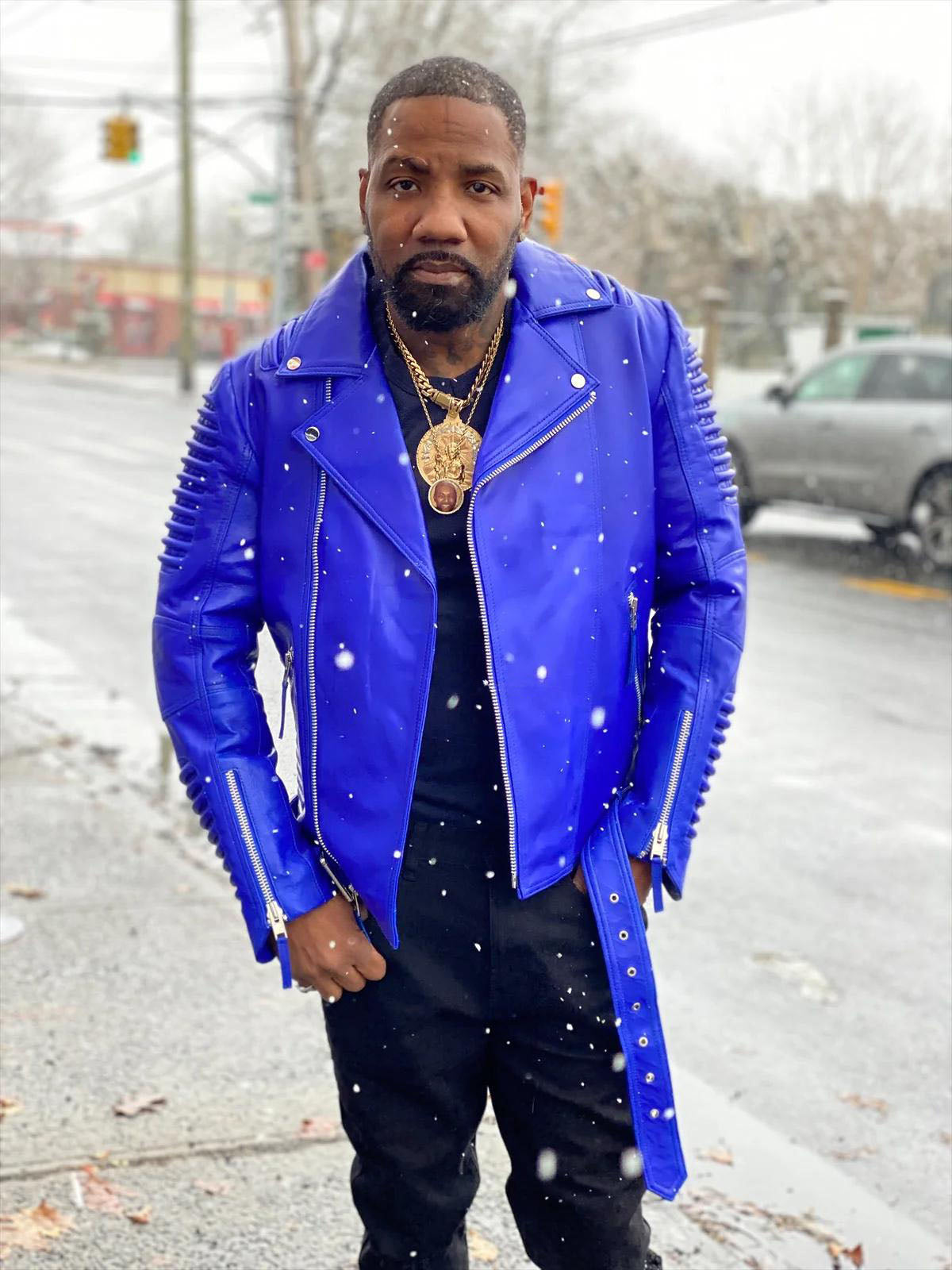 Men's Trey Biker Over-sized Leather Jacket [Blue]