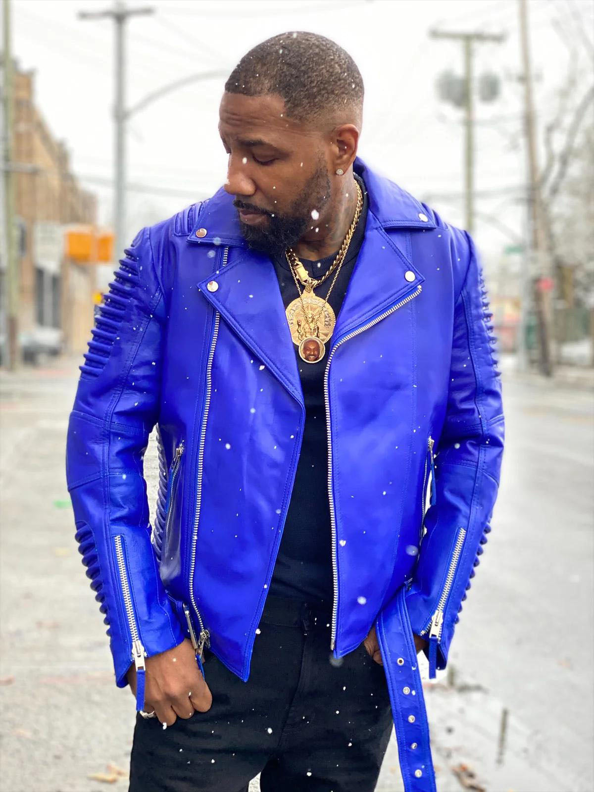 Men's Trey Biker Over-sized Leather Jacket [Blue]