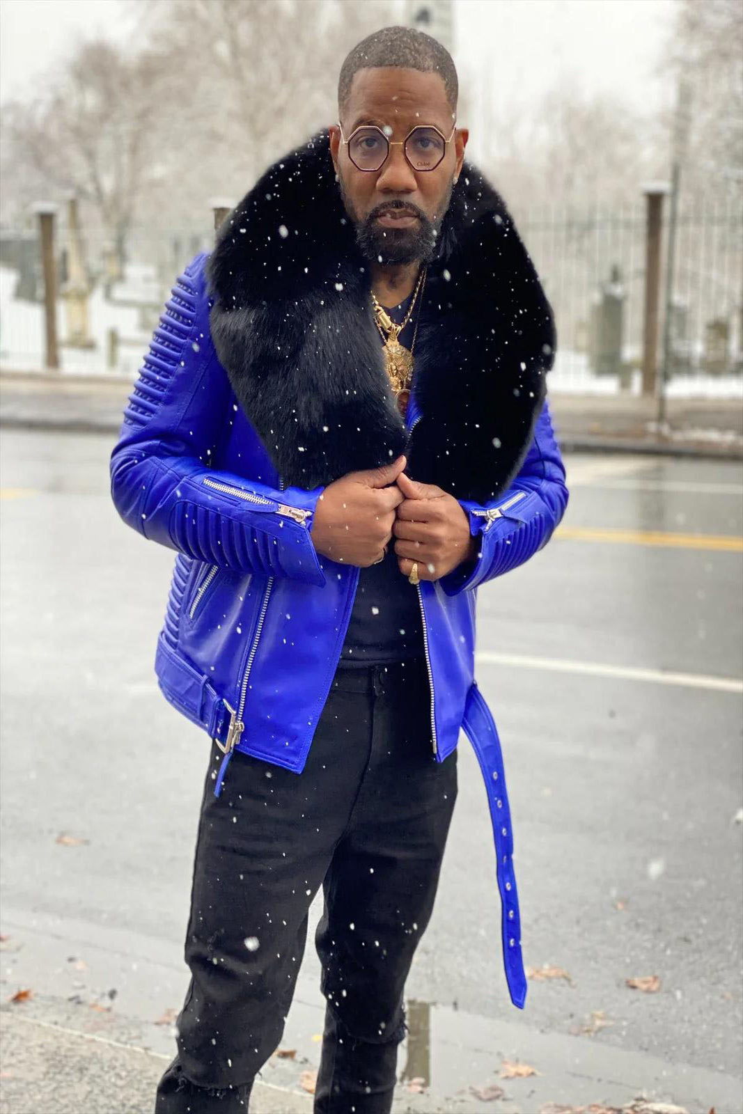 Men's Trey Biker With Fur Collar Leather Jacket [Blue]