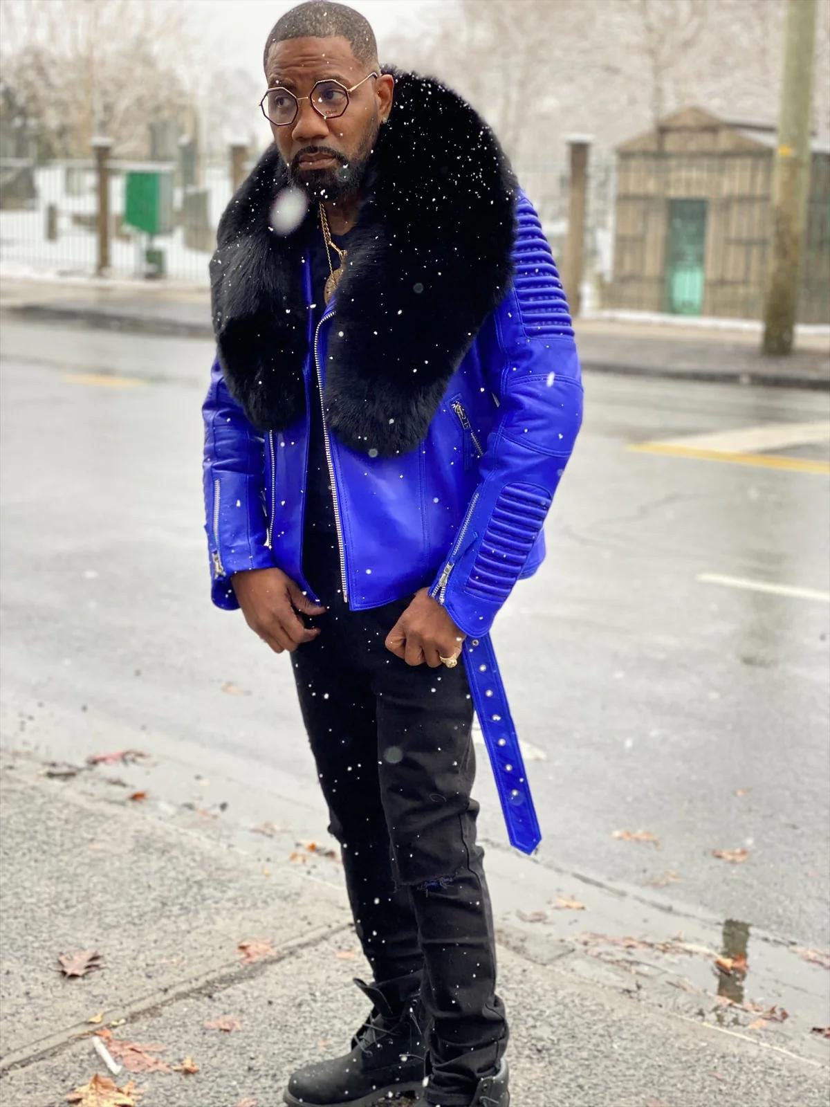 Men's Trey Biker With Fur Collar Leather Jacket [Blue]